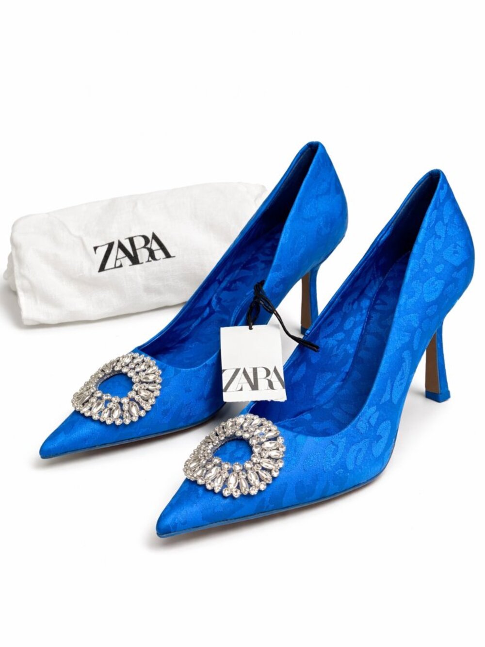 ZARA Heels Shoes Blue Leopard & Round Jewel Accent - Size 40 - NWT